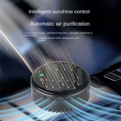 Car air purifier with solar panel on a car dashboard, featuring text about intelligent sunshine control and automatic air purification.