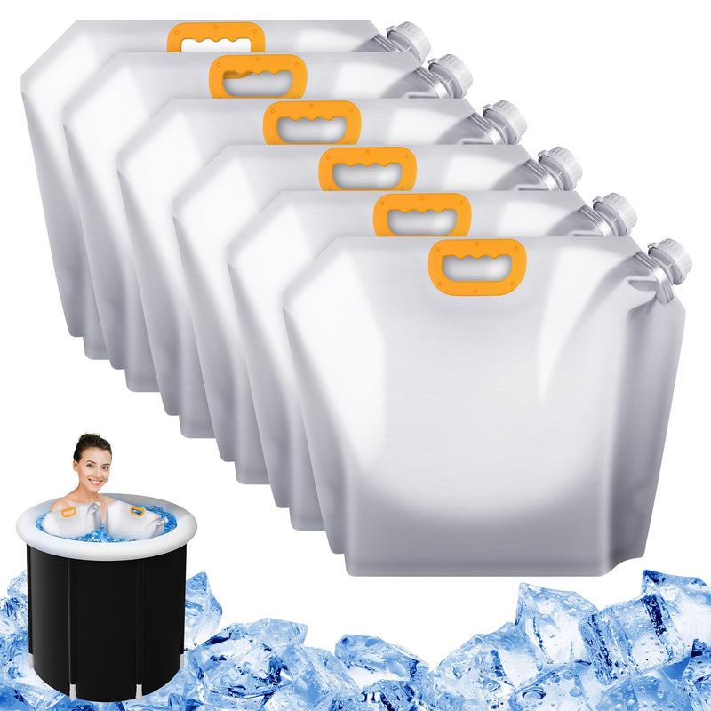 Set of six white water containers with orange handles, surrounded by ice cubes and a bathtub with a person.