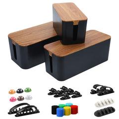 Cable Management Box Set - 3 Pack Large & Medium & Small Wooden Style Cable Organizer Box Desk Computer Cord Organizer Box with Cable Clips to Hide Wires and Power Strips (Black)
