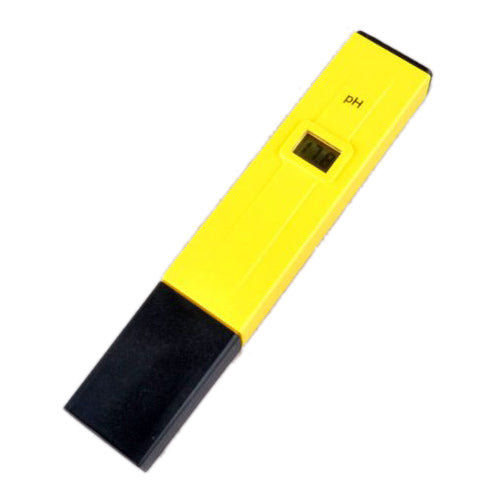 Yellow and black pH meter on a white background