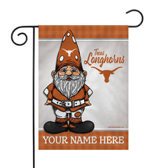 Texas Longhorns garden flag featuring a cartoon gnome in orange and white with the team logo, shown hanging from a black metal garden stand against a white background.