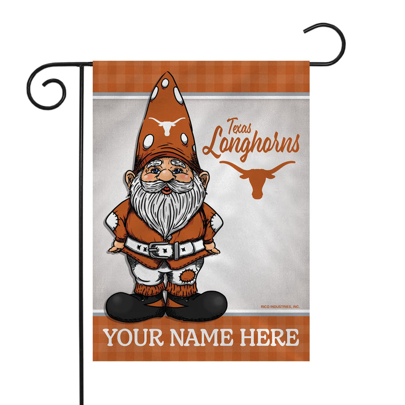 Texas Longhorns garden flag featuring a cartoon gnome in orange and white with the team logo, shown hanging from a black metal garden stand against a white background.