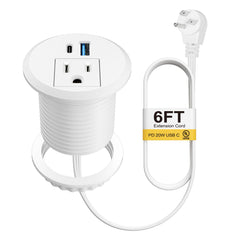 2 Inch Desk Power Grommet USB C PD 20W Recessed Power Strip Socket with AC Plugs and 2 USB Charging Ports Hidden Power Strip for Office Furniture Conference Room Kitchen Table White