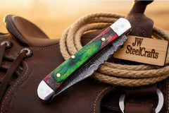 Forest Green Trail Trapper Knife Pakka Wood Damascus Steel folding Trapper Knife