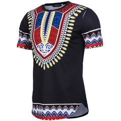 Black t-shirt with colorful African Dashiki design on a white background