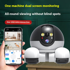 Smart home security camera system with smartphone app on a green background