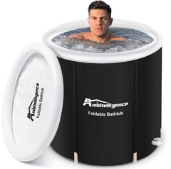 Man in a black foldable bathtub with 'Ambitelligence' branding on a white background