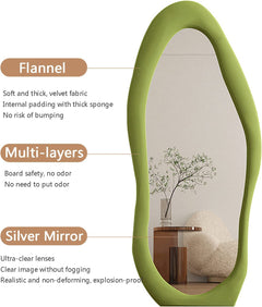 Green mirror with text describing flannel, multi-layer, and silver mirror features.