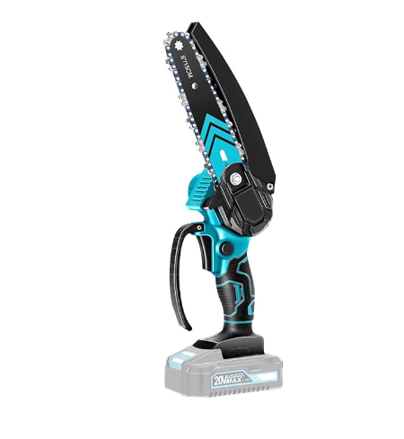 Blue and black power chain saw on a white background