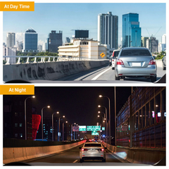 Comparison of a city street at day and night with cars on the road.