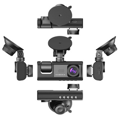 Black car dashboard camera with multiple mounting options on a white background