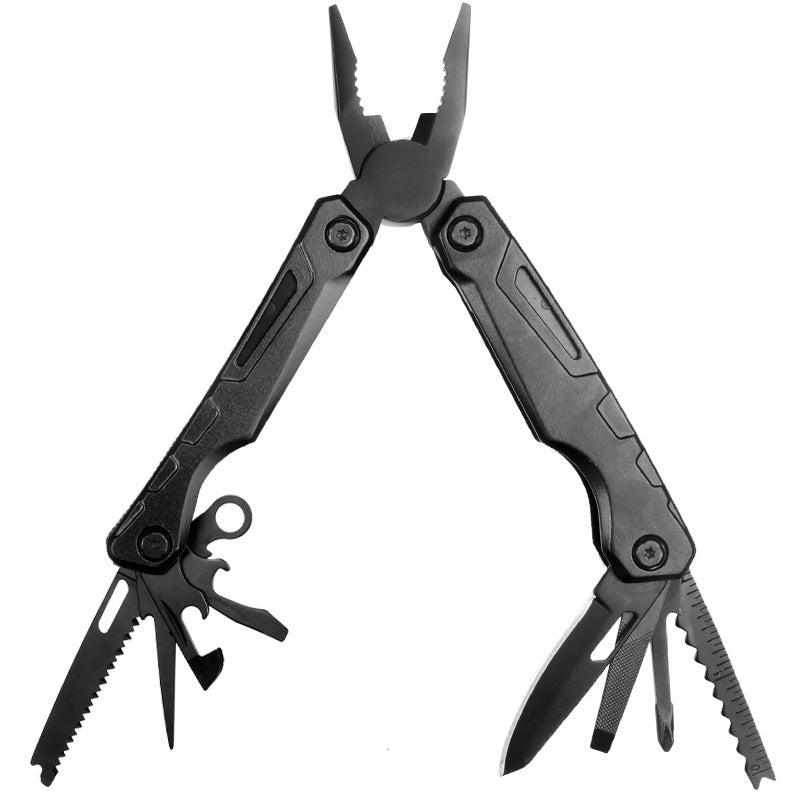 A black multi-tool pocket knife with pliers, saw, scissors, and other utility blades fully extended, shown against a plain white background.