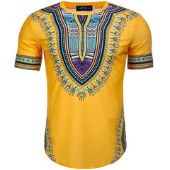 Yellow t-shirt with colorful African print design on a white background