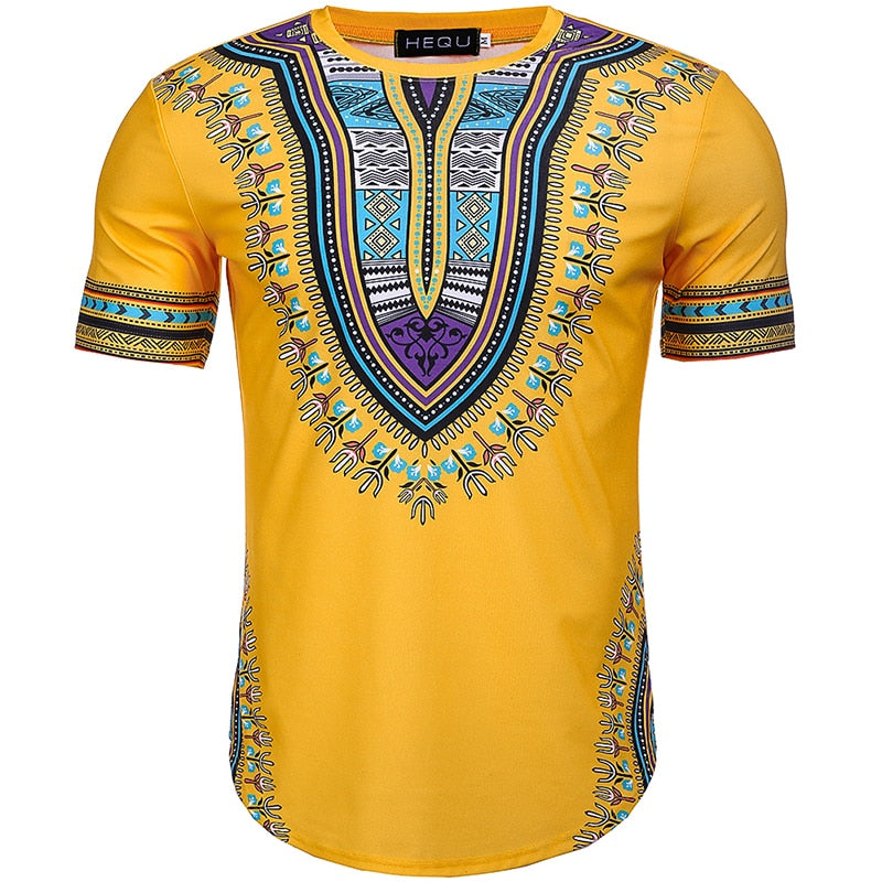 Yellow t-shirt with colorful African print design on a white background