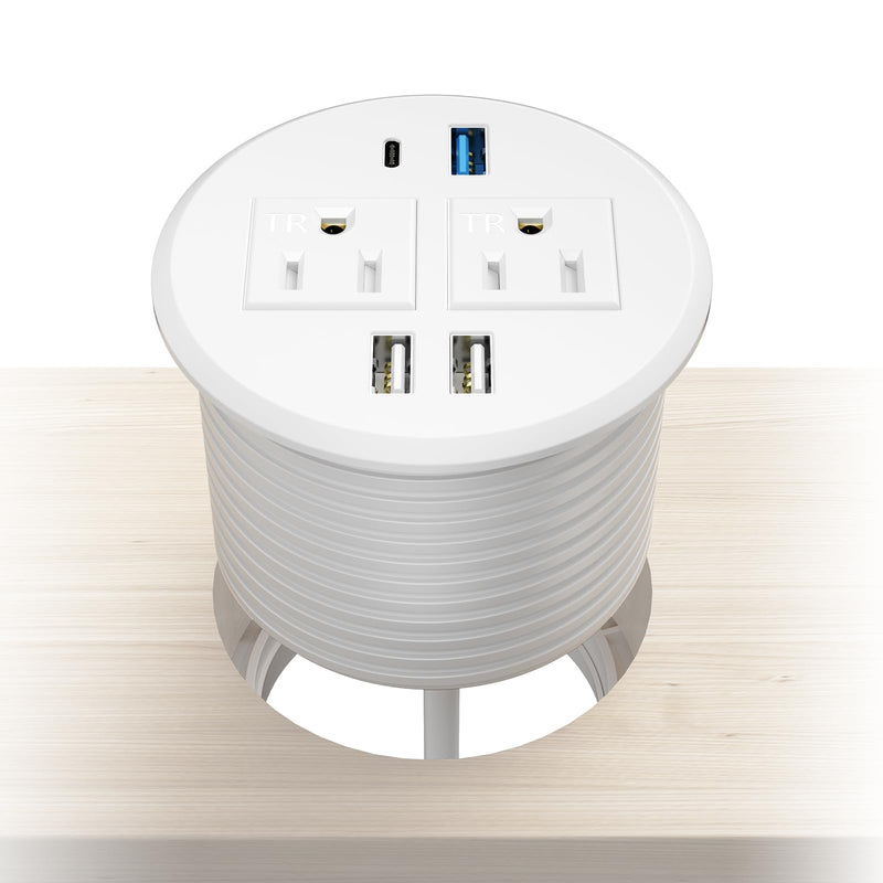 BTU Desktop Power Grommet with PD 20W Fast Charging USB C Recessed Power Socket with 2 AC Outlets Flush Mount Power Strip with 3 USB Ports 6FT Extension Cord (White)