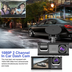 Car dash cam with front and inside camera views, showing a family in the car.