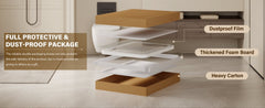 Packaging components including dustproof film, thickened foam board, and heavy carton displayed on a wooden box.