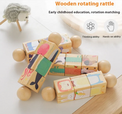 Wooden rotating rattle toy made of colorful illustrated blocks with round natural wood balls, shown on a light tabletop with promotional text and icons.