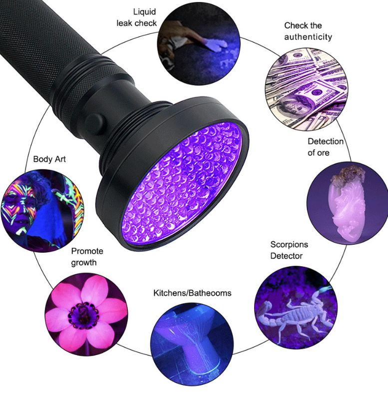 Black UV flashlight with purple light emitting diodes and uses shown around it.