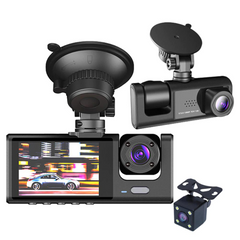 Car dashboard camera system with multiple cameras and display on a white background