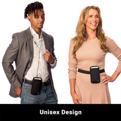 Two people wearing black phone belts with a 'Unisex Design' label.