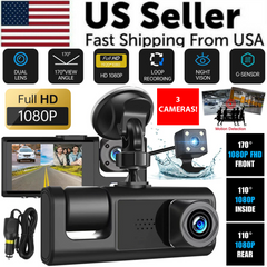 Car dashboard camera with multiple features highlighted, including 1080P resolution and night vision, on a colorful background.