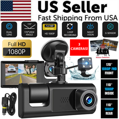 Car dashboard camera with multiple features highlighted, including 1080P resolution and night vision, on a colorful background.