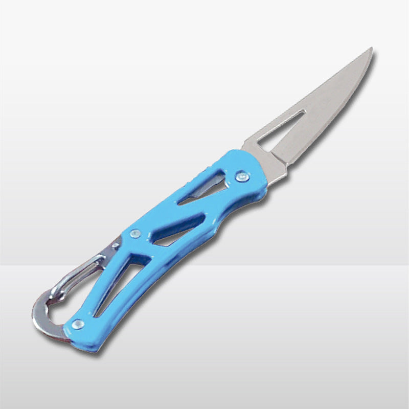 Folding knife with blue handle on a light gray background