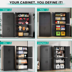 Metal Storage Cabinet with 3 Adjustable Shelves,Garage Storage Cabinet with Lock,Black Metal Cabinet with Locking Doors,