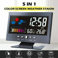 5-in-1 color screen weather station with digital clock and temperature display on a white background.