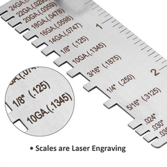 Metal gauge ruler with laser engraved measurements on a white background