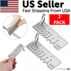 Metal gauge rulers with a hand holding one, labeled 'US Seller' and 'Fast Shipping From USA', with '2 Pack' text.