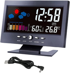 Digital clock with weather display and USB cable on a white background