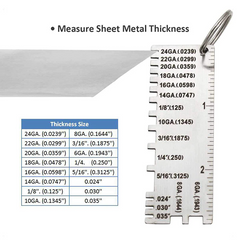 Metal thickness gauge with chart for measuring sheet metal thickness on a white background