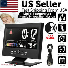 Digital temperature humidity weather station with voice control, USB cable, and various functions displayed.