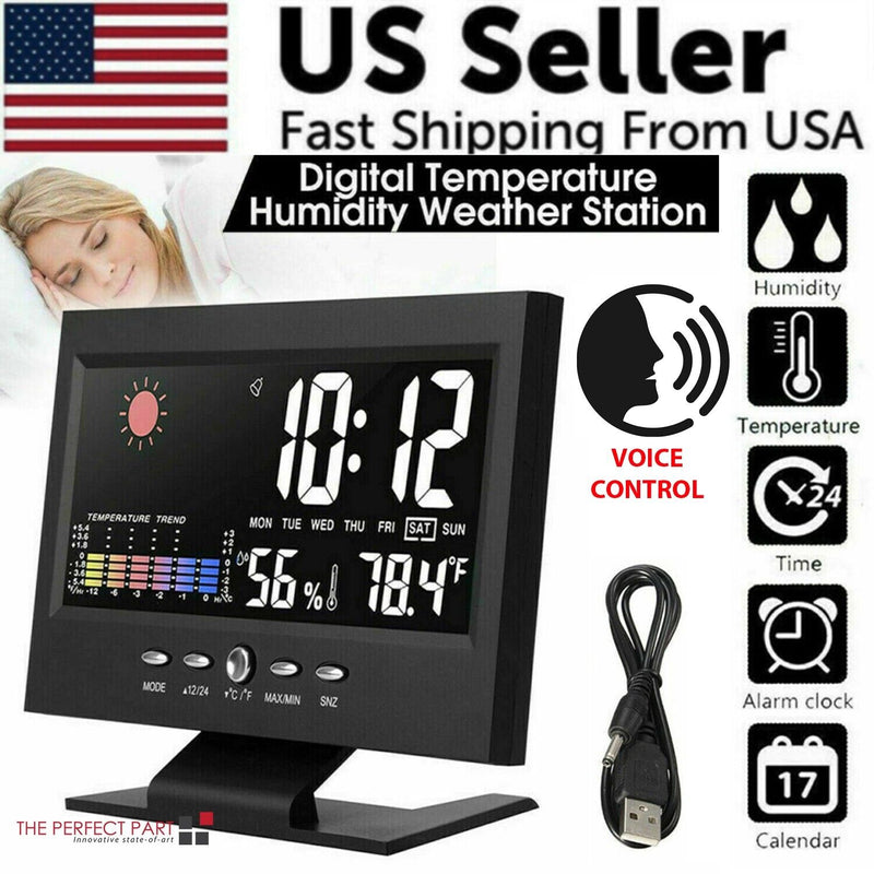 Digital temperature humidity weather station with voice control, USB cable, and various functions displayed.