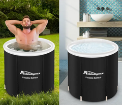 Foldable bathtub with Ambitelligence branding shown outdoors and indoors.