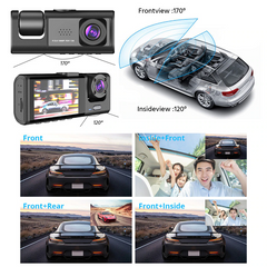 Car dashboard camera with various viewing angles and scenes displayed.