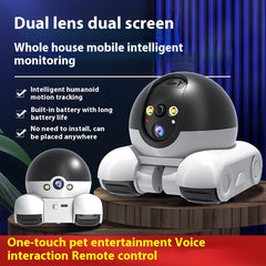 Intelligent monitoring robot with dual lenses and screen on a dark background