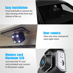 Car camera system with text on easy installation, rear view, and memory card features.