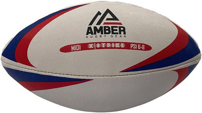 An official PSIB-6-9 rugby ball by Amber Rugby Gear, featuring a white textured leather body with red and blue stripes and black branding.