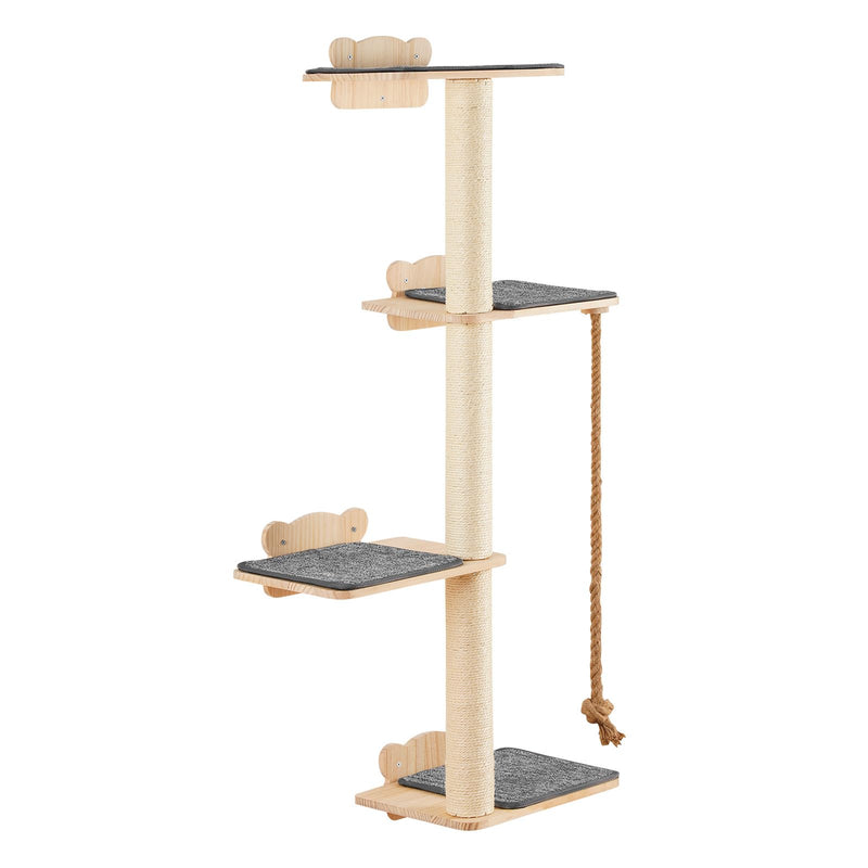 VEVOR Wall-Mounted Cat Tree – 4-Tier Pine Wood Floating Shelves with Jumping Boards, Posts & Rope