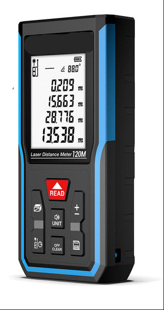 Laser distance meter with display screen on a white background