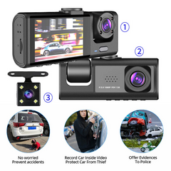 3-Channel Dash Cam HD 1080P - Front, Rear & Inside Car Camera with Night Vision, G-Sensor & Loop Recording