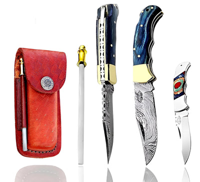 Best.Buy.Damascus1 Ultimate Folding Knife Blue Wood Pocket Knife Compact Damascus Knife - Ideal knives for Outdoor Survival Camping & Everyday Use Knife Set
