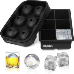 Silicone ice cube tray with molded ice cubes, a glass of whiskey, and ice cubes on a white background.