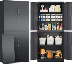 Metal Storage Cabinet with 3 Adjustable Shelves,Garage Storage Cabinet with Lock,Black Metal Cabinet with Locking Doors,