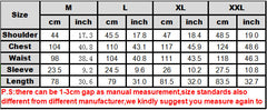Size chart for clothing with measurements in centimeters and inches.