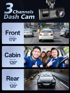 Three-channel dash cam with front, cabin, and rear views displayed.