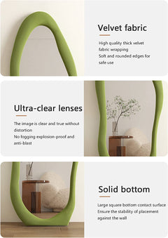 Green mirror with text describing features like velvet fabric, ultra-clear lenses, and solid bottom.